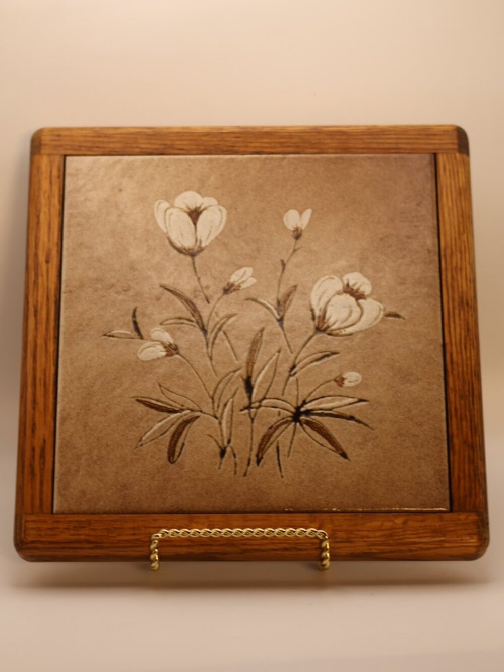 Vintage Oak Framed Floral Tile Trivet,
